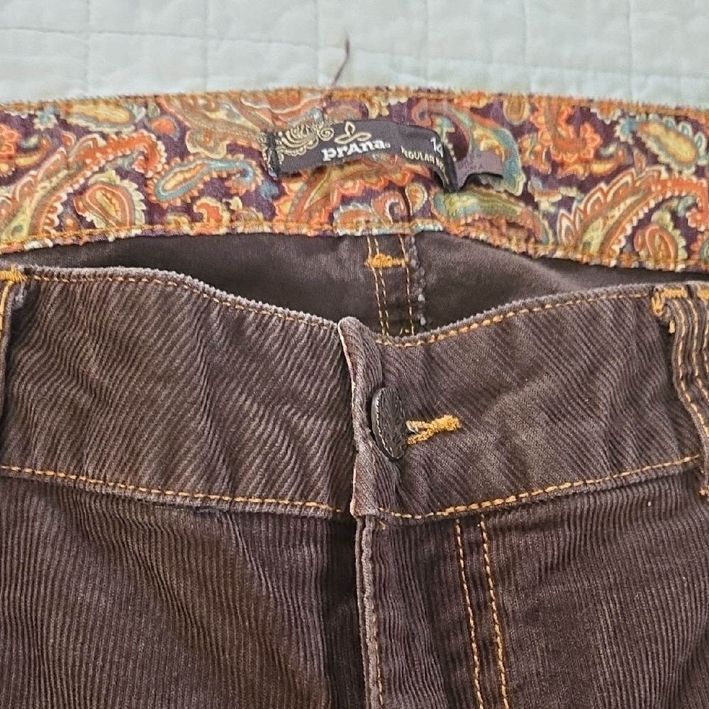 Prana Brown Corduroy Size 14 Womens Pants Paisley Detail Orange Stitching